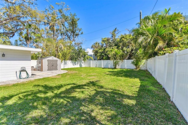 view of yard featuring an outbuilding, a fenced backyard, and a storage unit