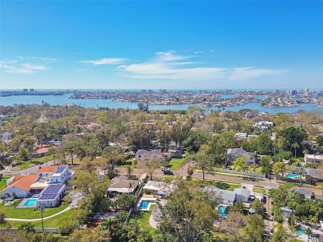 drone / aerial view with a water view