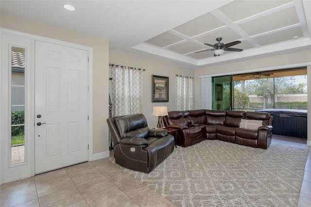 living area featuring light tile patterned floors, baseboards, coffered ceiling, a ceiling fan, and recessed lighting