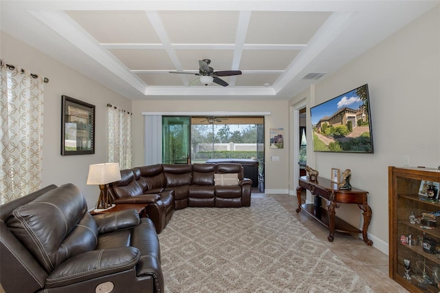 living room with baseboards, visible vents, coffered ceiling, ceiling fan, and light tile patterned flooring