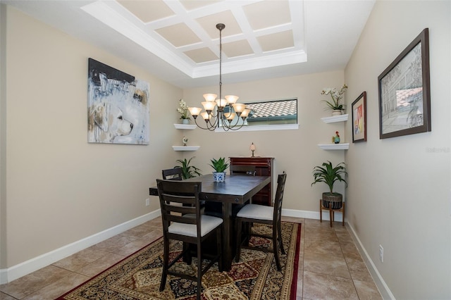 dining space featuring a notable chandelier, light tile patterned floors, coffered ceiling, and baseboards