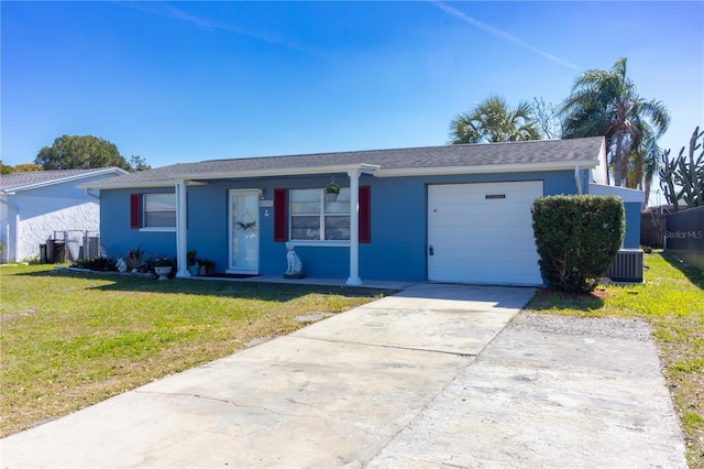 single story home with an attached garage, central AC unit, a front lawn, and stucco siding