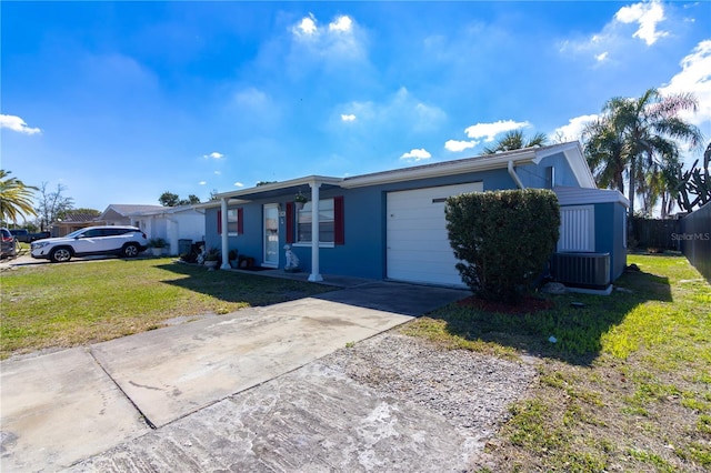 ranch-style home with a garage, fence, driveway, stucco siding, and a front lawn