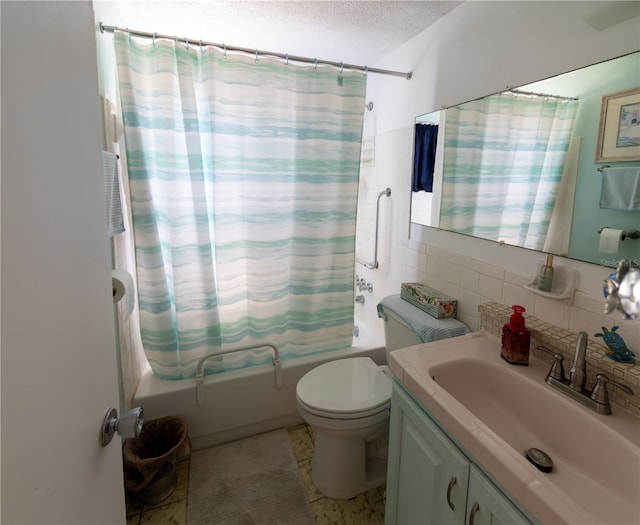 bathroom featuring decorative backsplash, toilet, shower / bathtub combination with curtain, a textured ceiling, and vanity