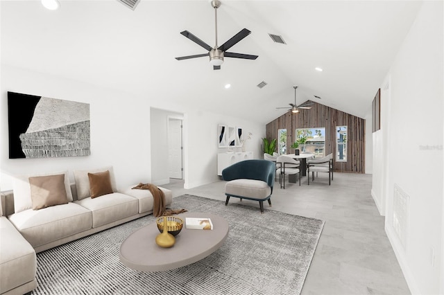 living area featuring high vaulted ceiling, recessed lighting, visible vents, and a ceiling fan