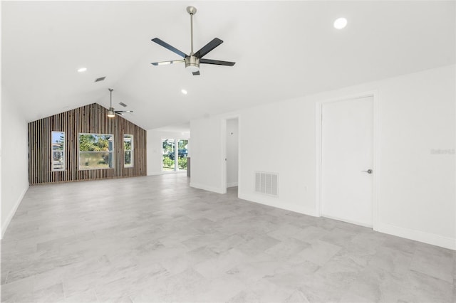 unfurnished living room featuring lofted ceiling, baseboards, visible vents, and a ceiling fan