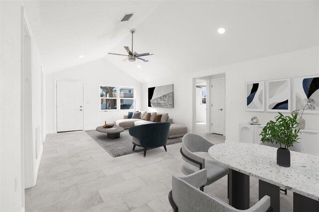 living room featuring lofted ceiling, visible vents, a ceiling fan, and recessed lighting