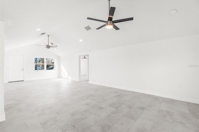 interior space with lofted ceiling, ceiling fan, visible vents, and baseboards