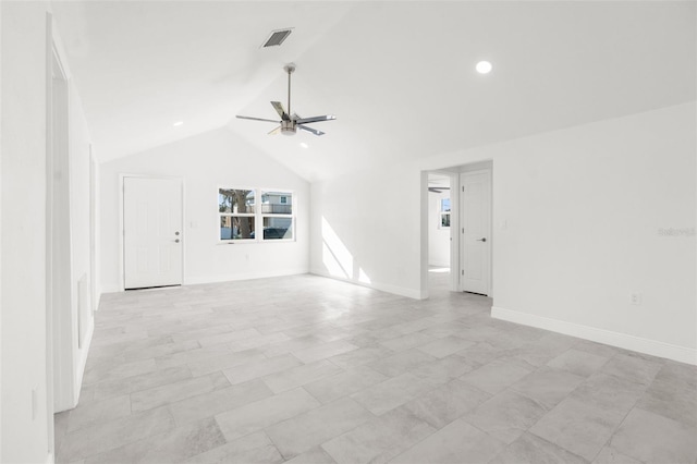 spare room featuring visible vents, baseboards, lofted ceiling, ceiling fan, and recessed lighting