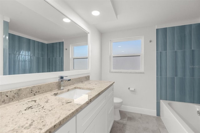 full bathroom with recessed lighting, baseboards, vanity, and toilet