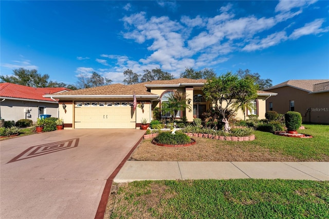 view of front of property featuring driveway, a garage, a front lawn, and stucco siding