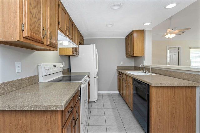 kitchen featuring white electric stove, a sink, ceiling fan, black dishwasher, and under cabinet range hood