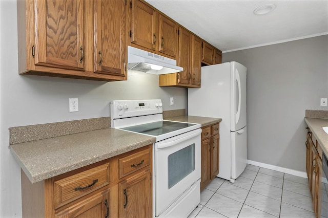 kitchen featuring ornamental molding, under cabinet range hood, white appliances, brown cabinetry, and baseboards