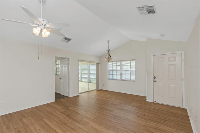 interior space with light wood-style flooring, visible vents, and ceiling fan