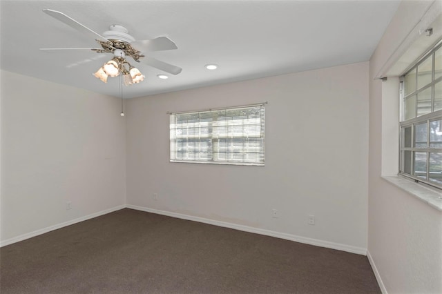 unfurnished room featuring recessed lighting, a ceiling fan, carpet, and baseboards