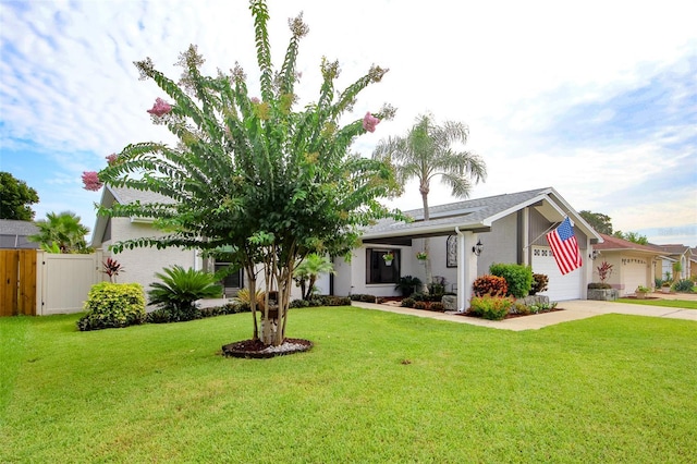 view of front of property with a garage, fence, driveway, stucco siding, and a front yard