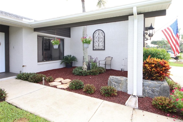 view of exterior entry featuring covered porch and stucco siding