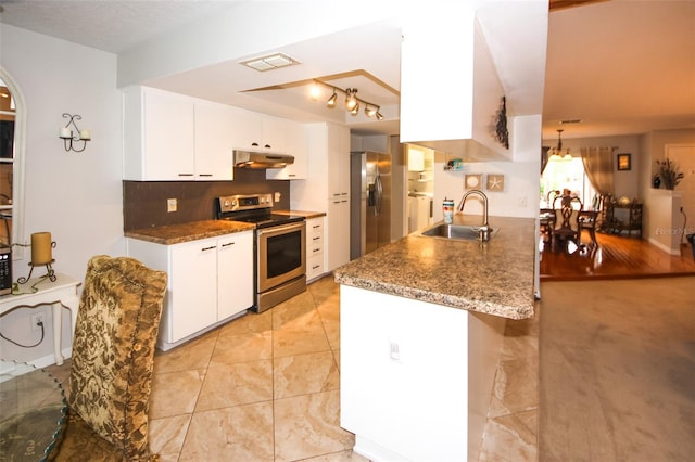 kitchen with visible vents, appliances with stainless steel finishes, white cabinetry, a sink, and under cabinet range hood