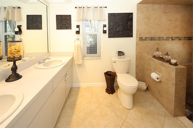 full bath featuring tile patterned flooring, a sink, toilet, and double vanity