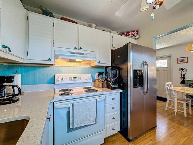 kitchen featuring white electric stove, stainless steel refrigerator with ice dispenser, backsplash, light wood-type flooring, and under cabinet range hood