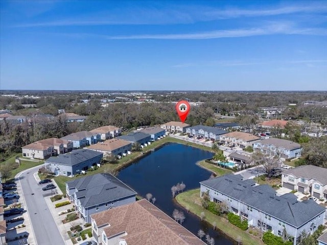 aerial view with a water view and a residential view