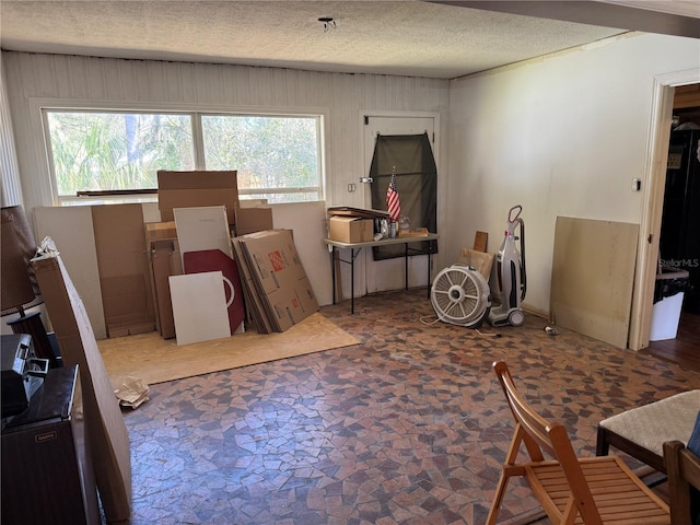 miscellaneous room with a textured ceiling