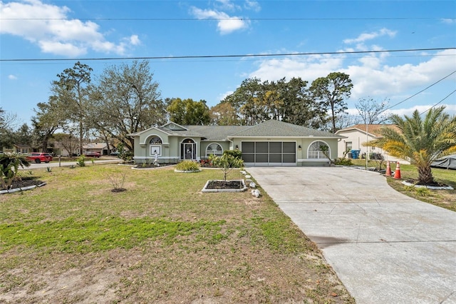 ranch-style home featuring driveway, a garage, a front lawn, and stucco siding