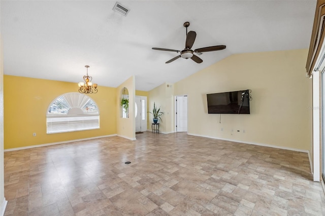 unfurnished living room featuring lofted ceiling, ceiling fan with notable chandelier, visible vents, and baseboards