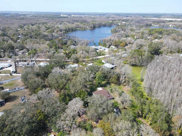 drone / aerial view featuring a forest view and a water view