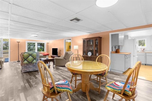 dining room with light wood-type flooring, visible vents, and a paneled ceiling