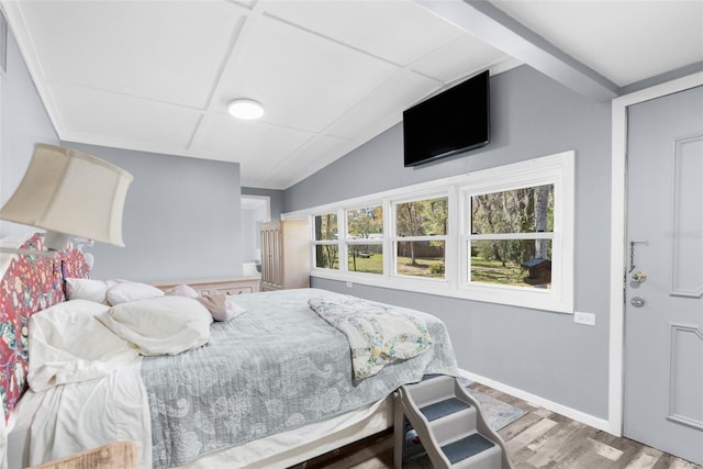 bedroom with lofted ceiling, wood finished floors, and baseboards