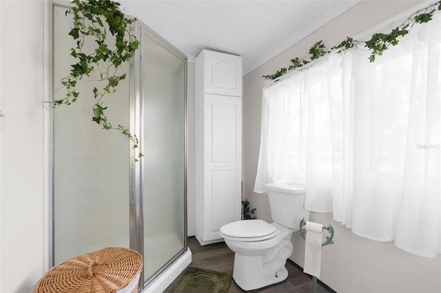 full bathroom featuring a stall shower, toilet, and wood finished floors