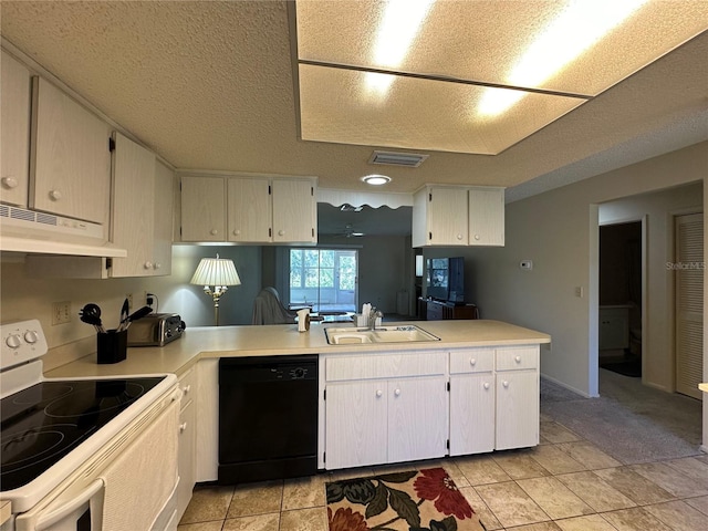 kitchen with visible vents, white range with electric cooktop, dishwasher, under cabinet range hood, and a sink