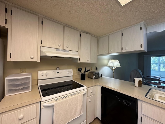 kitchen featuring white electric stove, light countertops, dishwasher, and under cabinet range hood