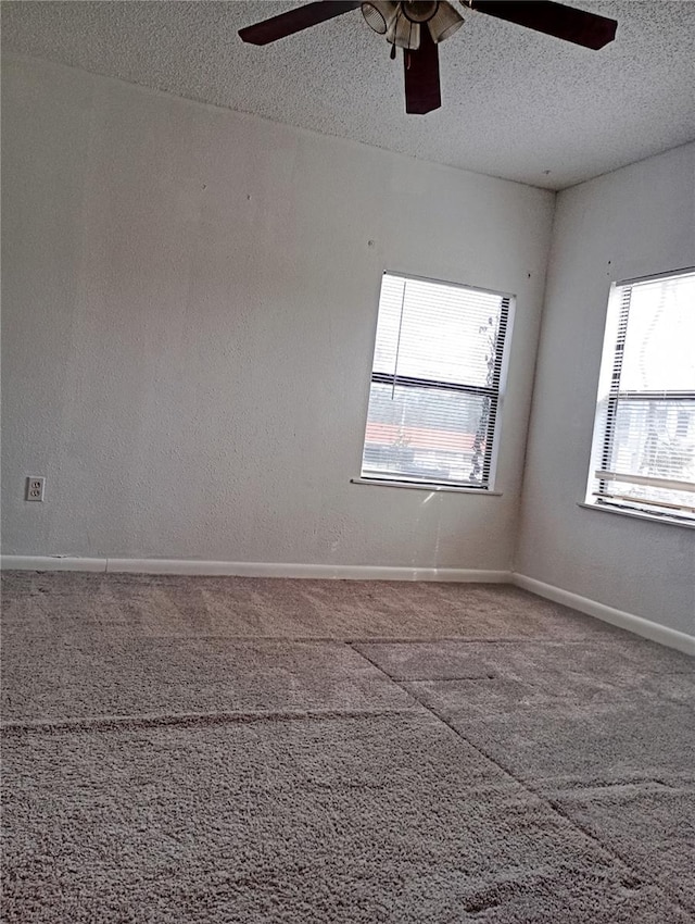 carpeted empty room with a textured ceiling, plenty of natural light, and baseboards