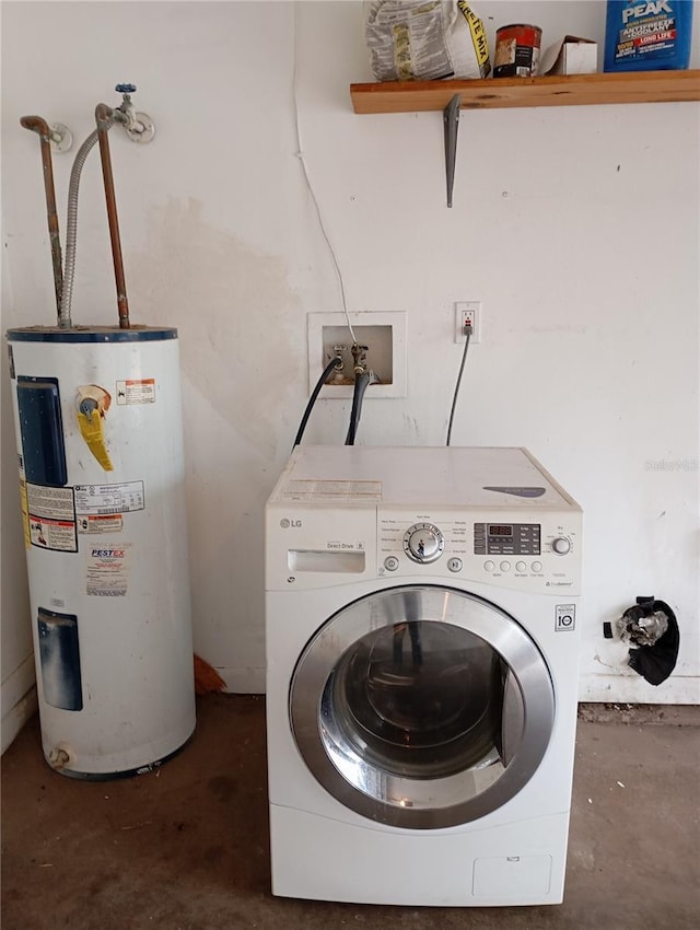 washroom featuring washer / clothes dryer, water heater, and laundry area