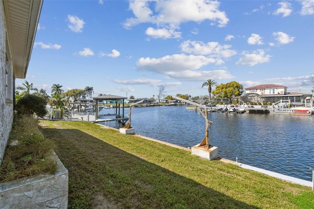 water view featuring a boat dock and boat lift