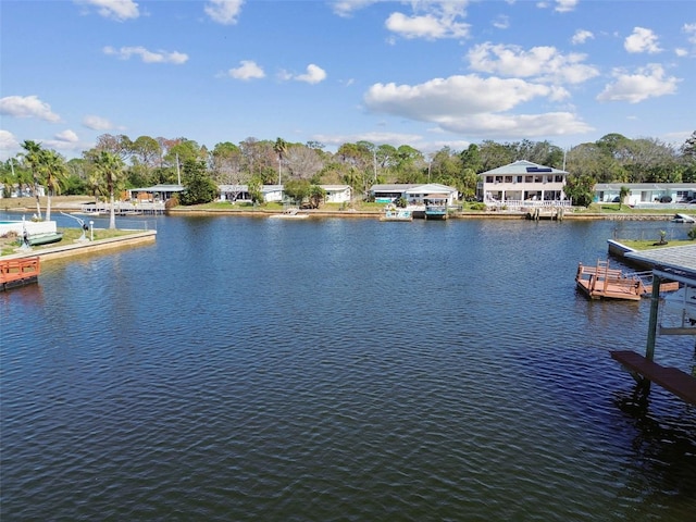 view of water feature with a boat dock