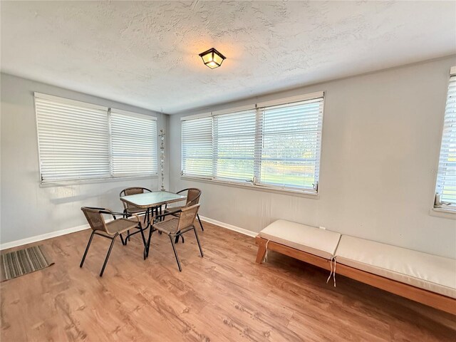 dining room featuring a textured ceiling, baseboards, and light wood-style floors
