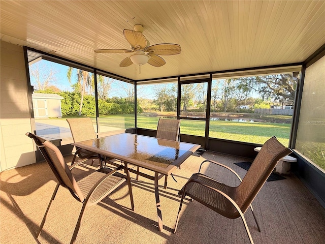 sunroom featuring wood ceiling, a water view, plenty of natural light, and ceiling fan
