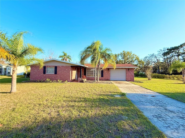 ranch-style house with a garage, driveway, a front lawn, and brick siding