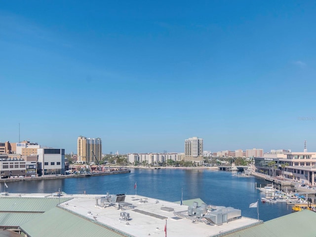 view of water feature with a city view