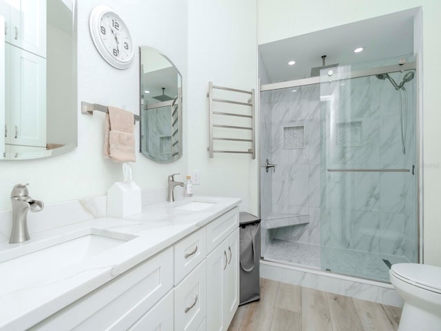 full bath featuring a sink, double vanity, a shower stall, and toilet