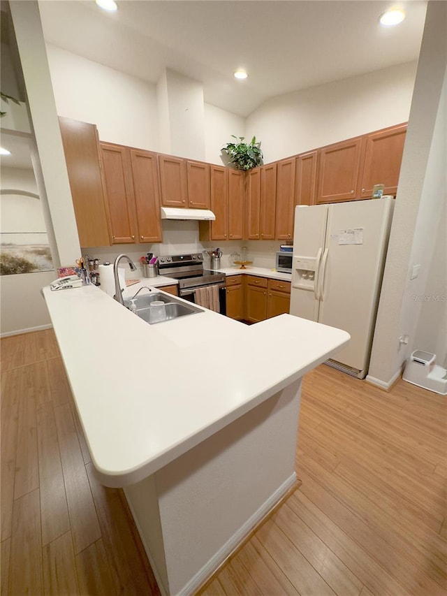 kitchen featuring light wood finished floors, a peninsula, stainless steel appliances, under cabinet range hood, and a sink