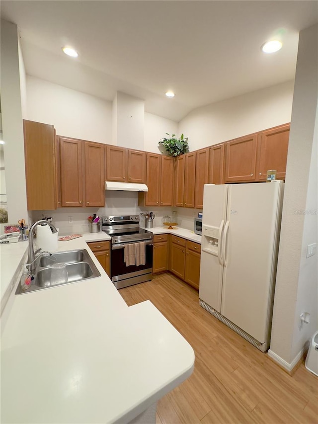 kitchen featuring stainless steel appliances, light countertops, light wood-style floors, a sink, and under cabinet range hood