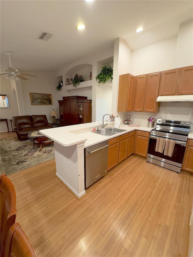 kitchen featuring appliances with stainless steel finishes, a sink, under cabinet range hood, and light wood-style flooring