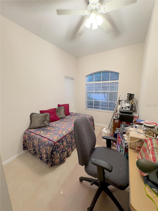 bedroom featuring carpet floors, ceiling fan, and baseboards