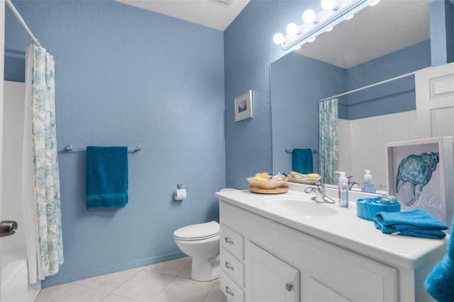 full bathroom featuring visible vents, toilet, shower / bath combo, vanity, and tile patterned floors