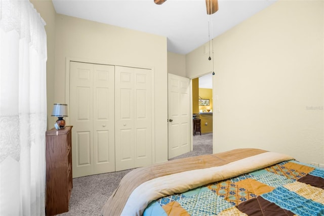 bedroom with light carpet, a closet, and a ceiling fan