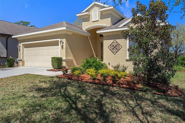 view of front of property featuring a front yard, driveway, an attached garage, and stucco siding